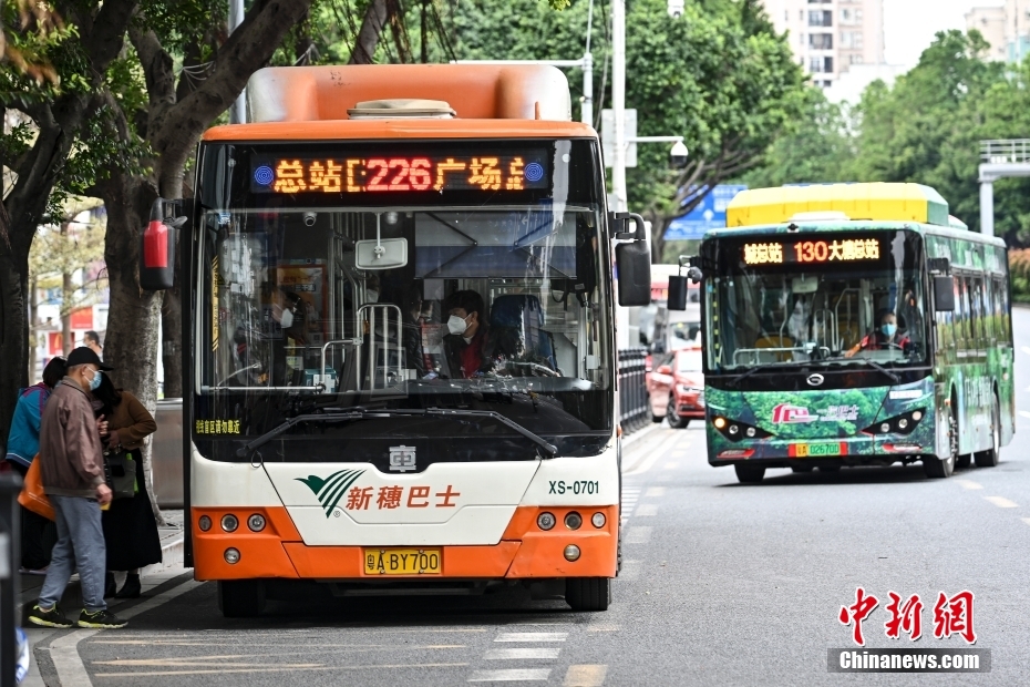 12月1日，廣東省廣州市海珠區(qū)，公交車有序進站。中新社記者 陳驥旻 攝 